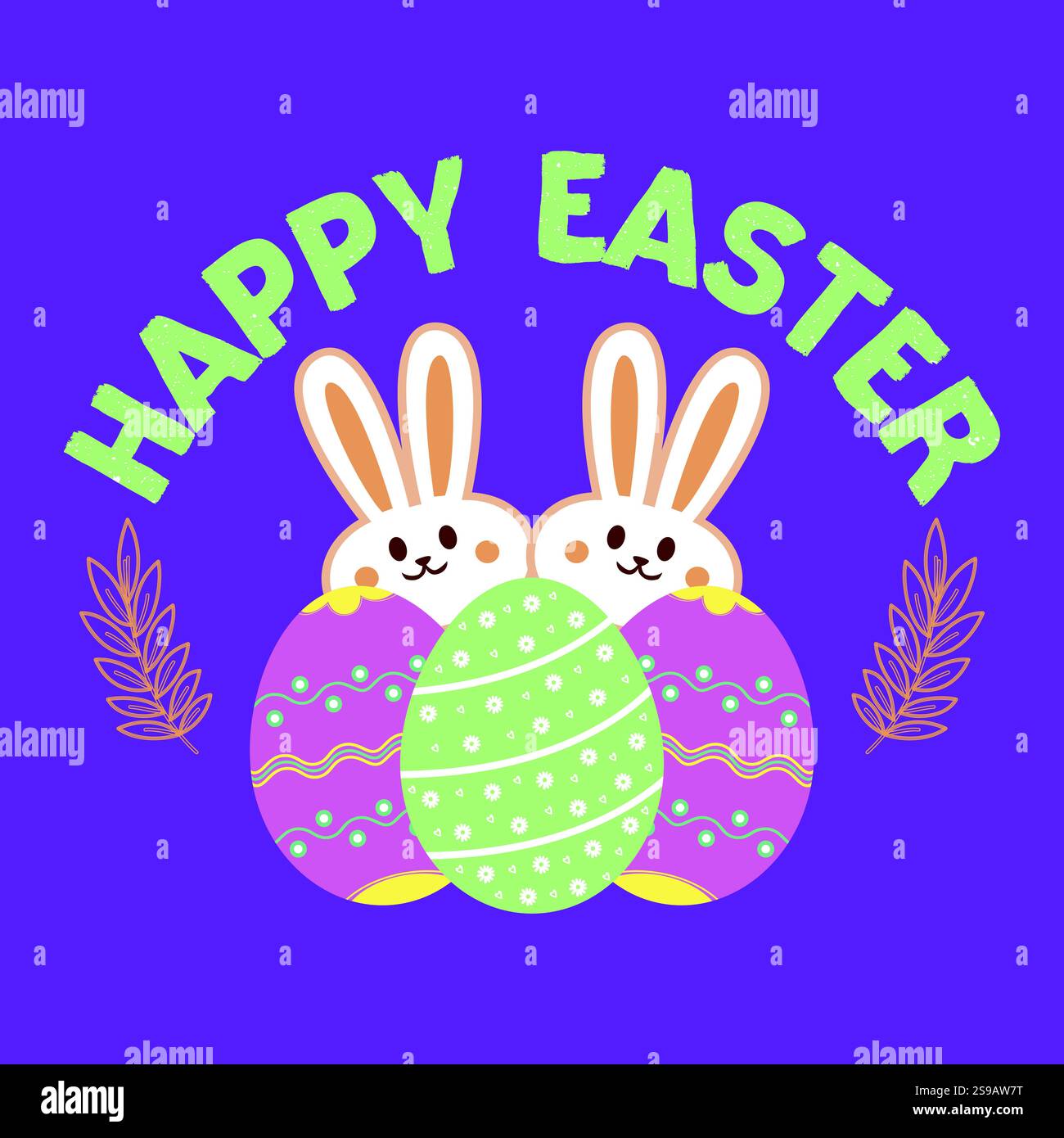 Glückliche Osterkarte mit dekorativen Eiern, nette Hasen Vektorillustration Stock Vektor