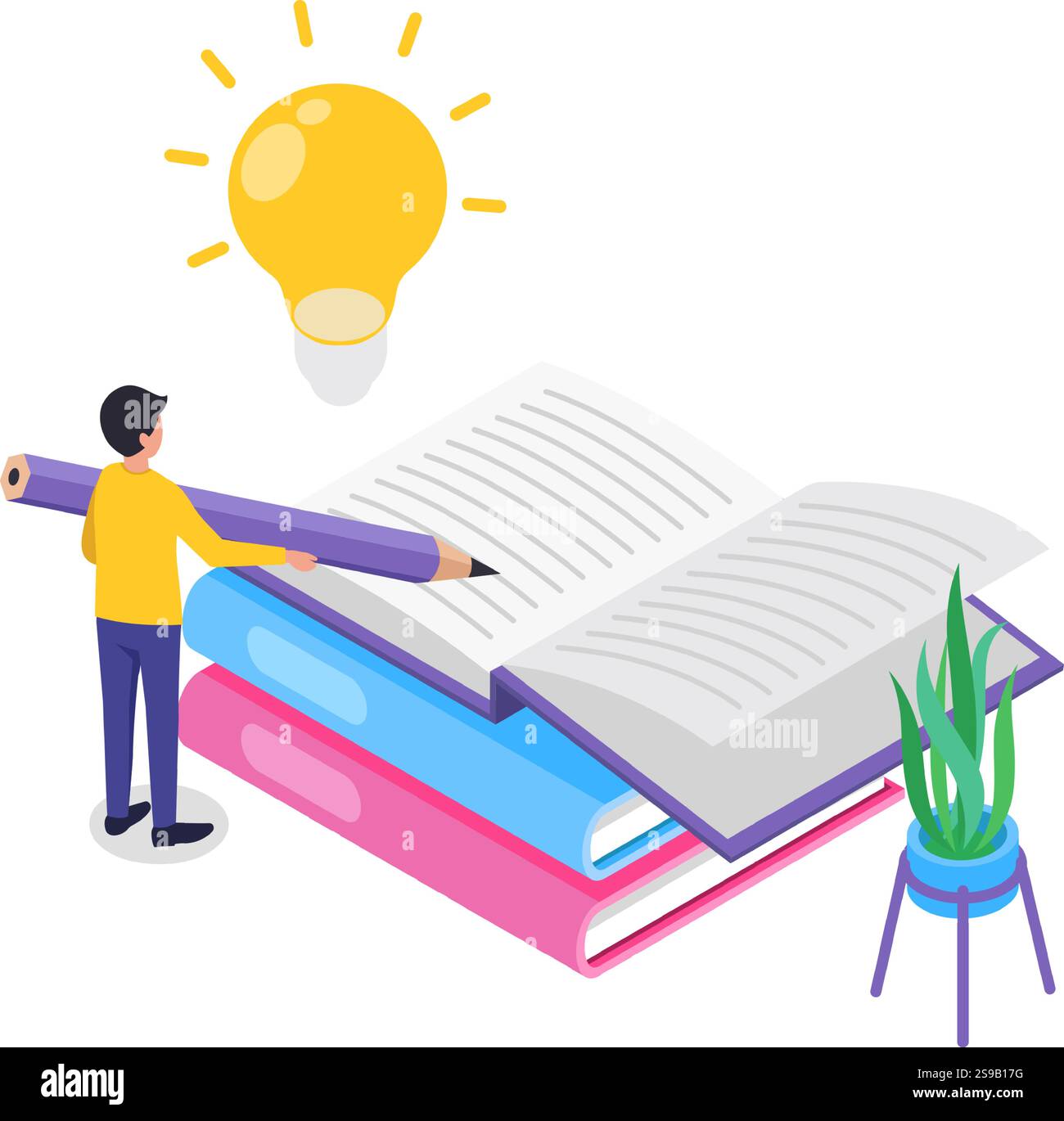 Junger Schüler, der mit einem großen Bleistift in einem offenen Buch schreibt und eine helle Idee erzeugt, die von einer Glühbirne beleuchtet wird, die das Wesen der Bildung verkörpert Stock Vektor