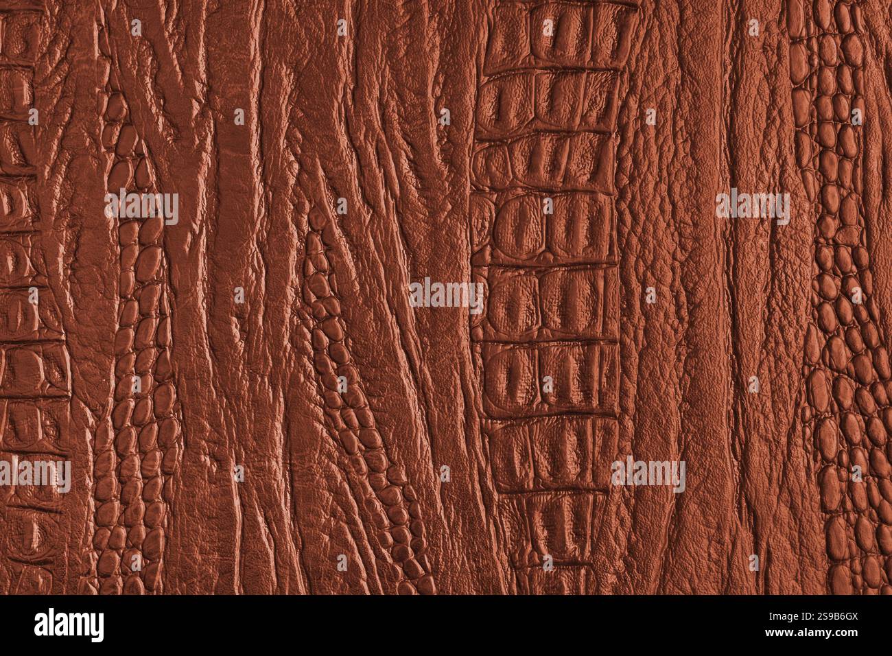 Krokodil-Echtlederstruktur Makrostruktur, orangefarbene Kunstlederoberfläche mit Metallic-Perlglanzeffekt. Reptilienhaut Nahaufnahme, Makro Stockfoto