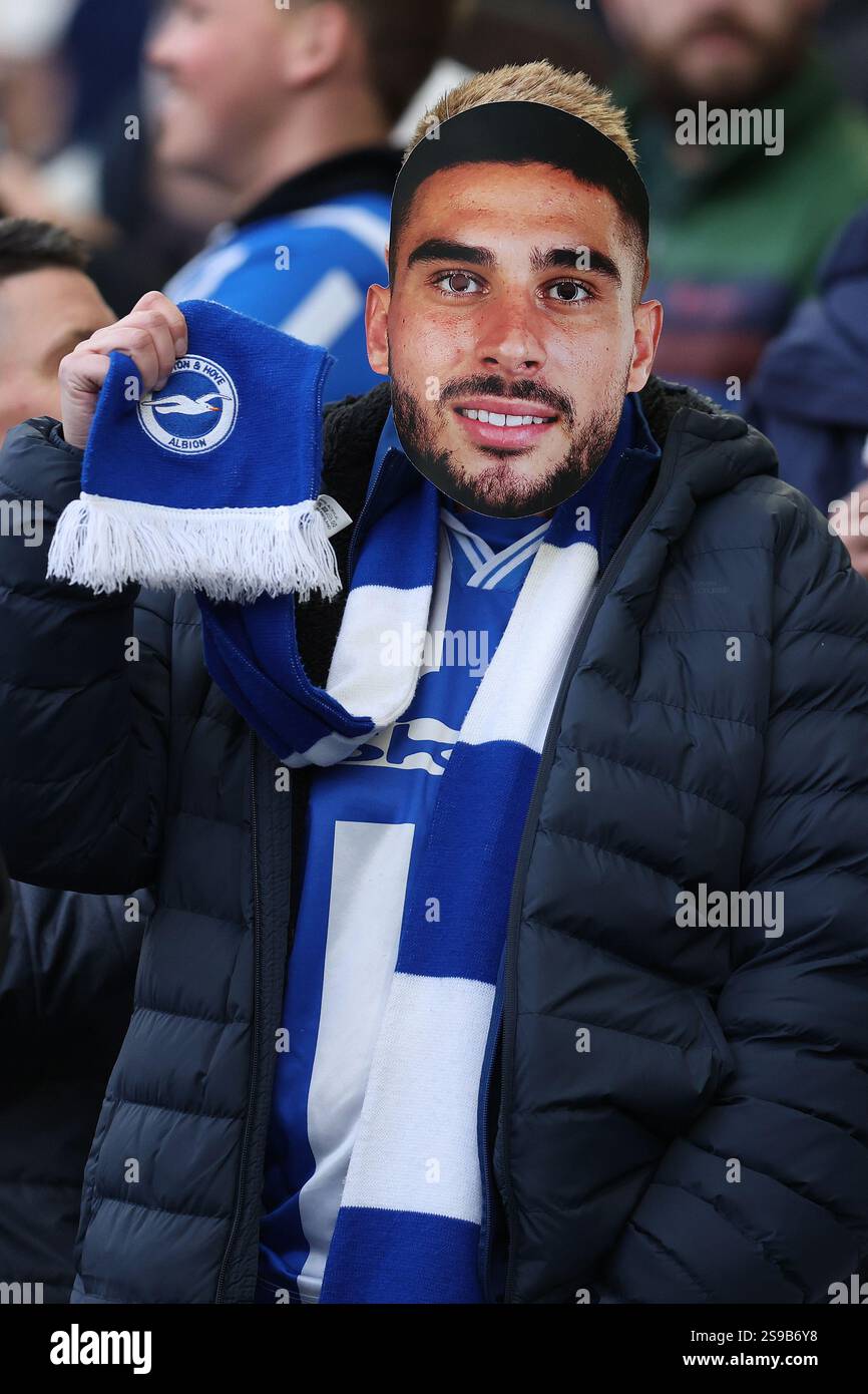 Brighton and Hove, England, 25. Januar 2025. Ein Brighton-Fan mit einer Maske des ehemaligen Brighton Neal Maupay, der während des Premier League-Spiels im AMEX Stadium, Brighton und Hove von Everton an Marseille geliehen ist. Der Bildnachweis sollte lauten: Paul Terry / Sportimage Stockfoto