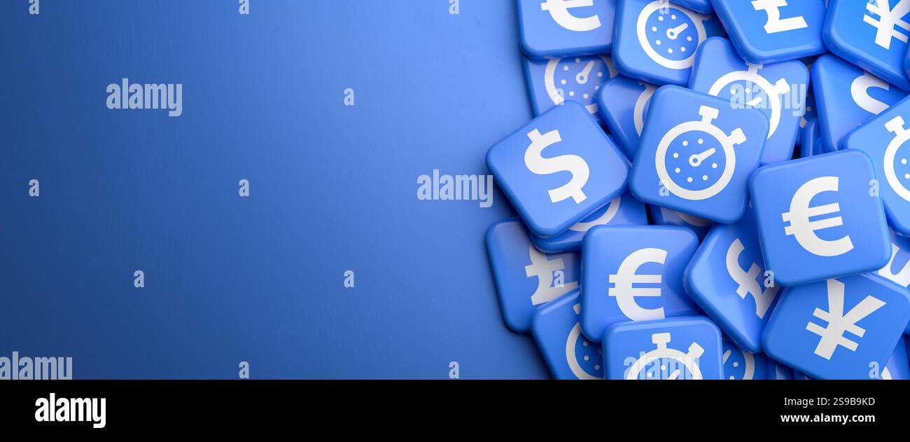 Zeit ist Geld. Mehrere Kacheln mit einem Uhrensymbol und Währungssymbolen auf einem Stapel Stockfoto