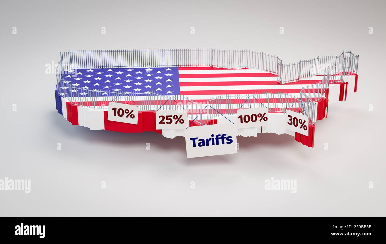 Konzept: Handelsprotektionismus durch die Vereinigten Staaten von Amerika durch Einführung von Zöllen. Ein Sicherheitszaun um eine 3D-Karte der USA mit Schildern 'Ta Stockfoto