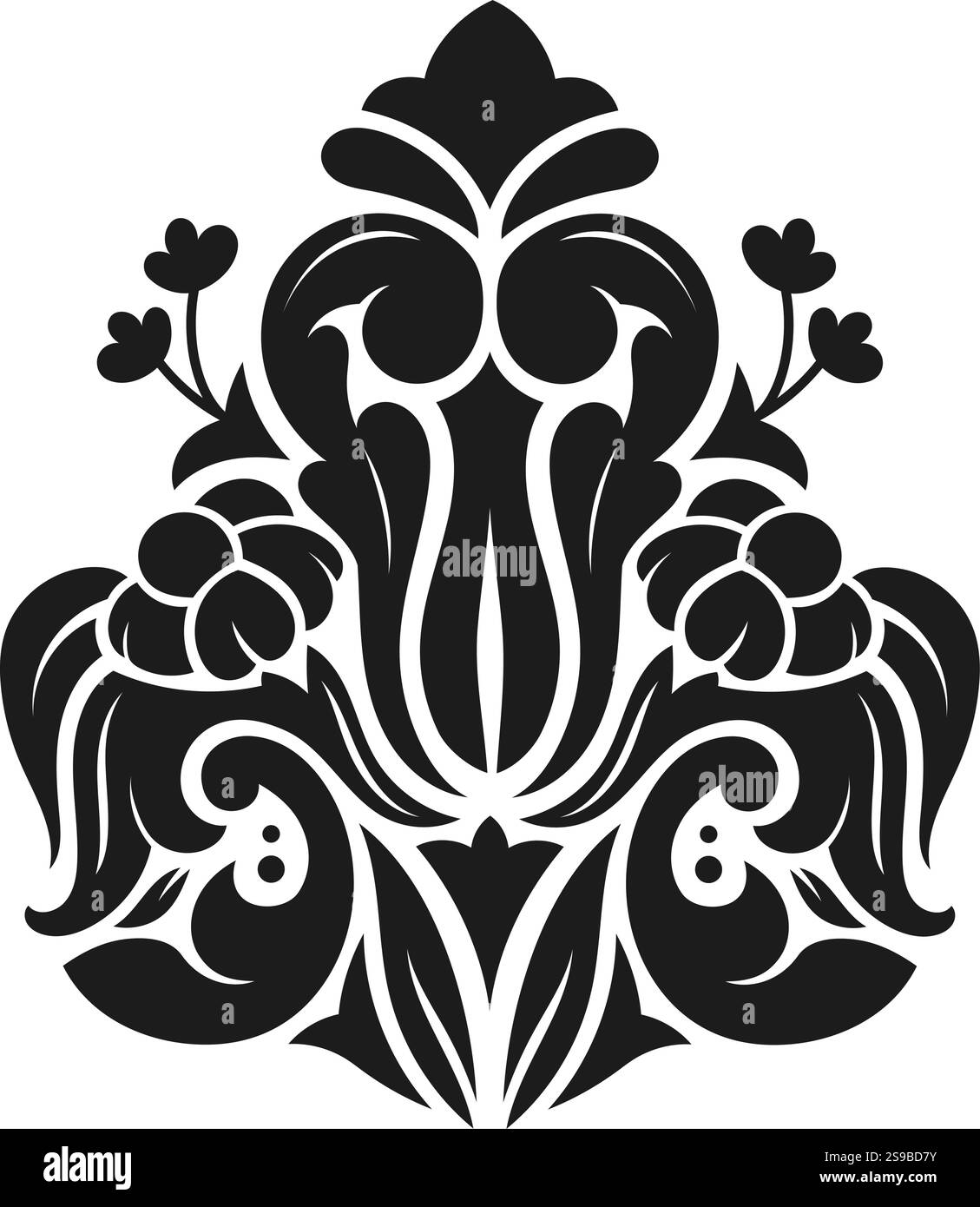 Raffiniertes schwarzes Blumendesign mit symmetrischen Mustern und stilisierten botanischen Elementen. Elegante Kurven und detaillierte Motive schaffen ein dekoratives A Stock Vektor