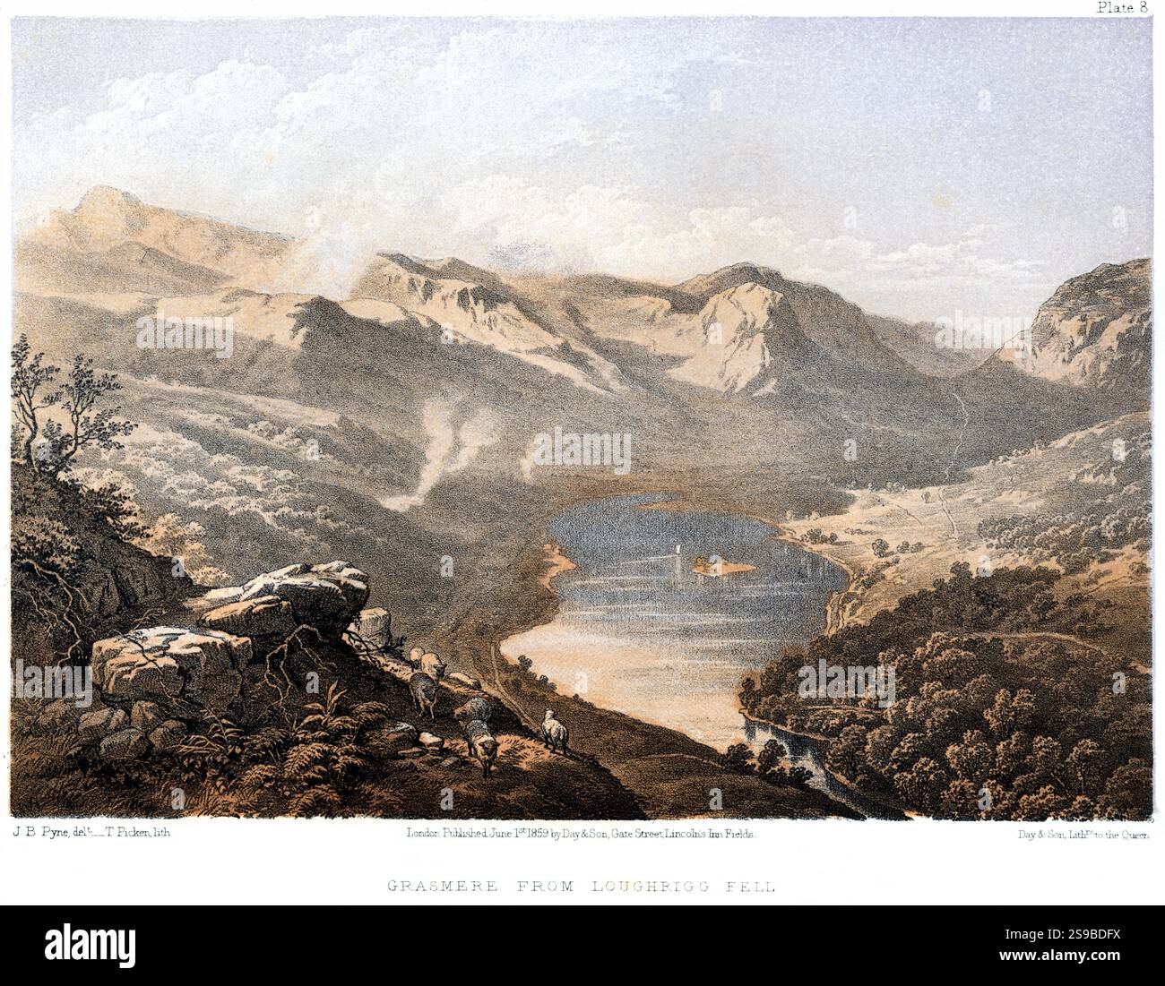 Eine farbige Lithografie von Grasmere aus Loughrigg wurde mit hoher Auflösung aus einem 1859 erschienenen Buch gescannt. Urheberrechtlich geschützt. Stockfoto