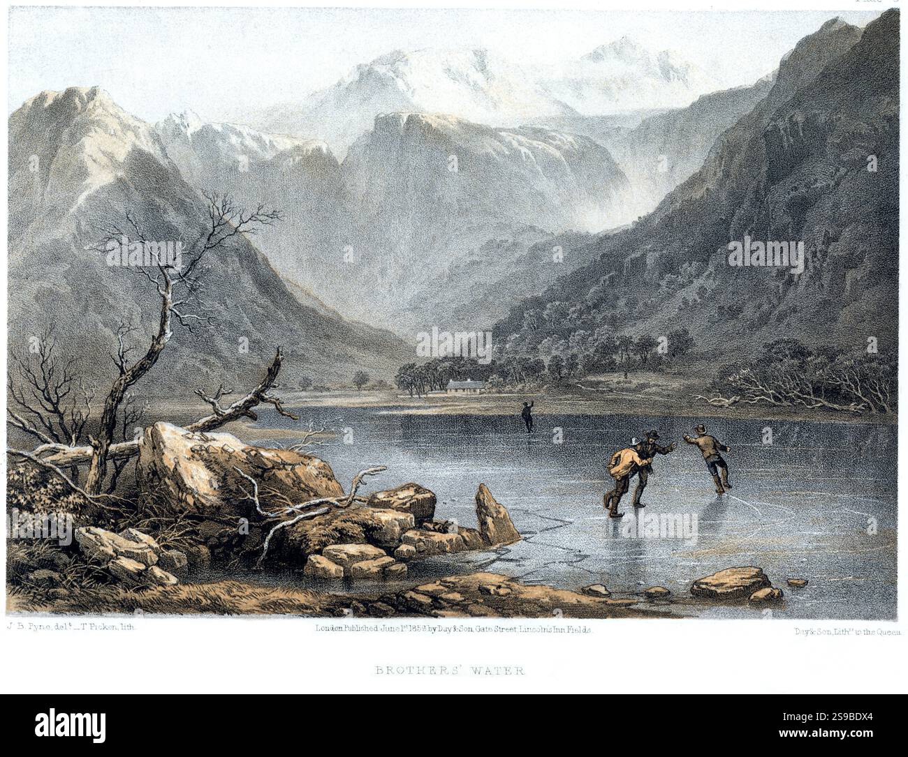 Eine farbige Lithografie von Brothers Water, die in hoher Auflösung aus einem 1859 erschienenen Buch gescannt wurde. Urheberrechtlich geschützt. Stockfoto