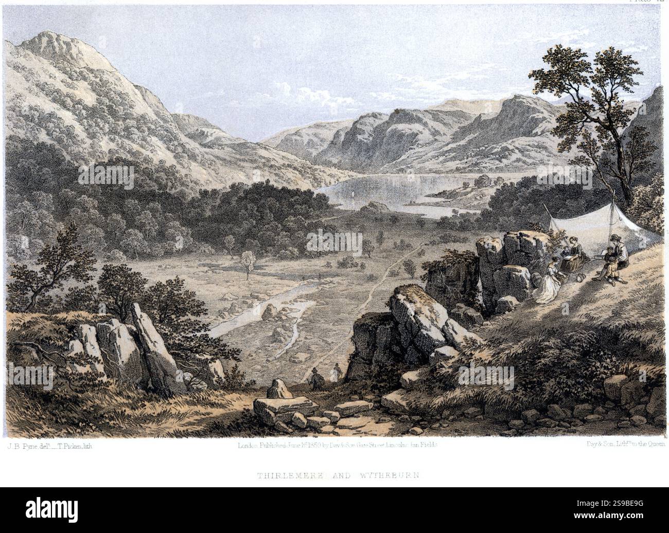 Eine farbige Lithographie von Thirlmere und Wytheburn, die in hoher Auflösung aus einem 1859 erschienenen Buch gescannt wurde. Urheberrechtlich geschützt. Stockfoto