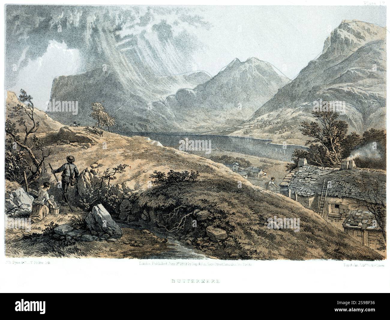 Eine farbige Lithografie von Buttermere, die in hoher Auflösung aus einem 1859 erschienenen Buch gescannt wurde. Urheberrechtlich geschützt. Stockfoto