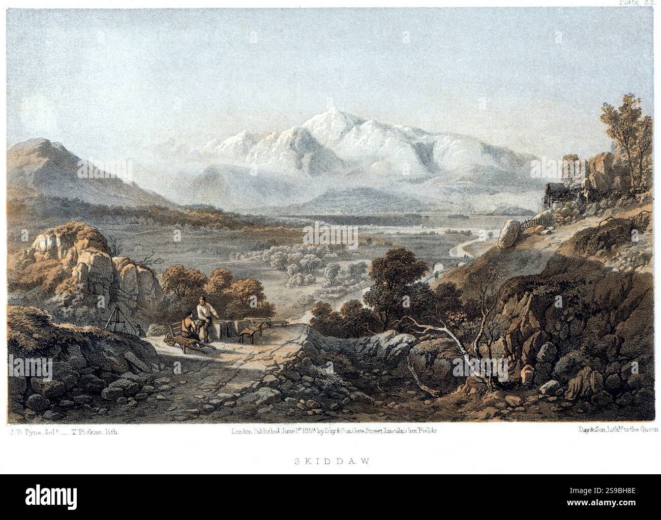 Eine farbige Lithografie von Skiddaw, die in hoher Auflösung aus einem 1859 erschienenen Buch gescannt wurde. Urheberrechtlich geschützt. Stockfoto