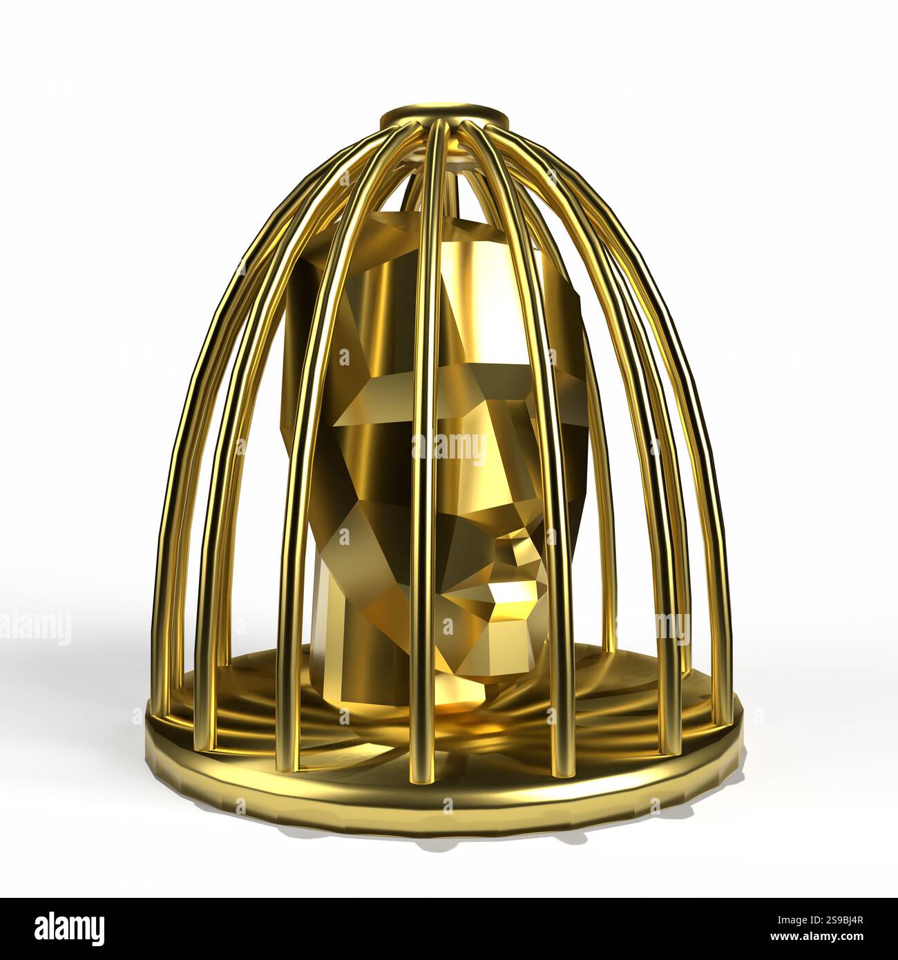 goldener menschlicher Kopf in einem Käfig aus goldener 3D-Illustration Stockfoto