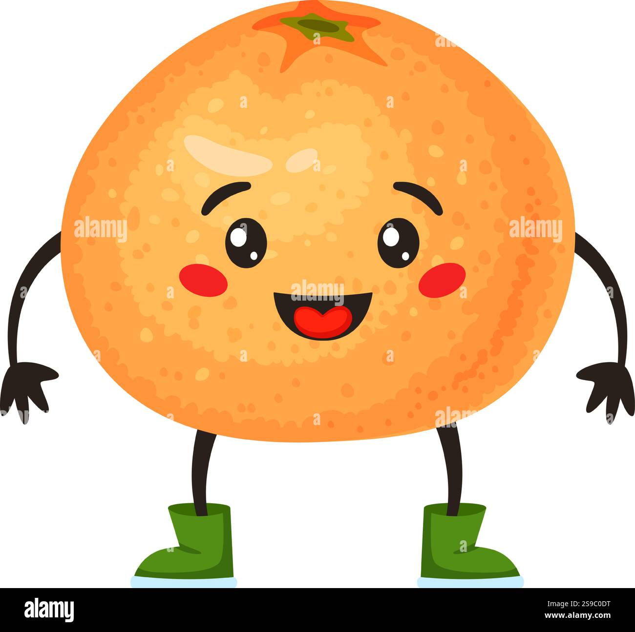Die orangene Figur mit fröhlichen grünen Stiefeln und einem fröhlich lächelnden Gesicht verkörpert ideale für gesunde Ernährung und spricht Projekte und Aktivitäten von Kindern an Stock Vektor