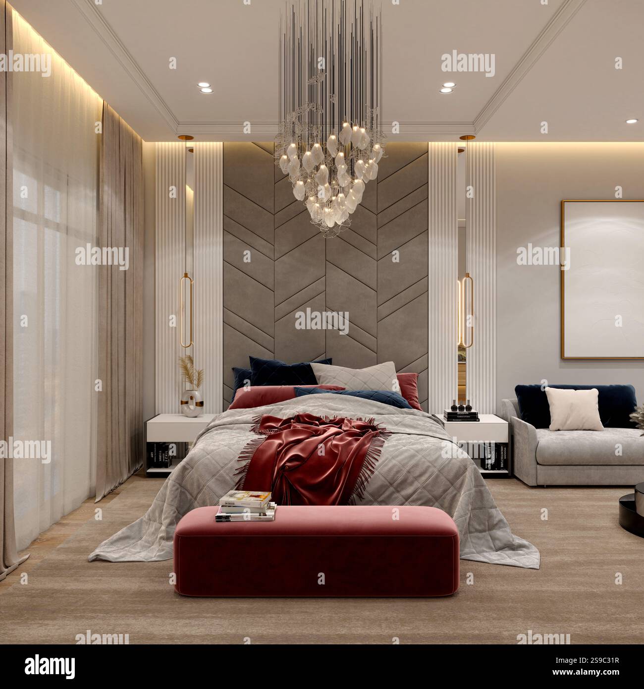 3D-Render von modernen Schlafzimmer Stockfoto