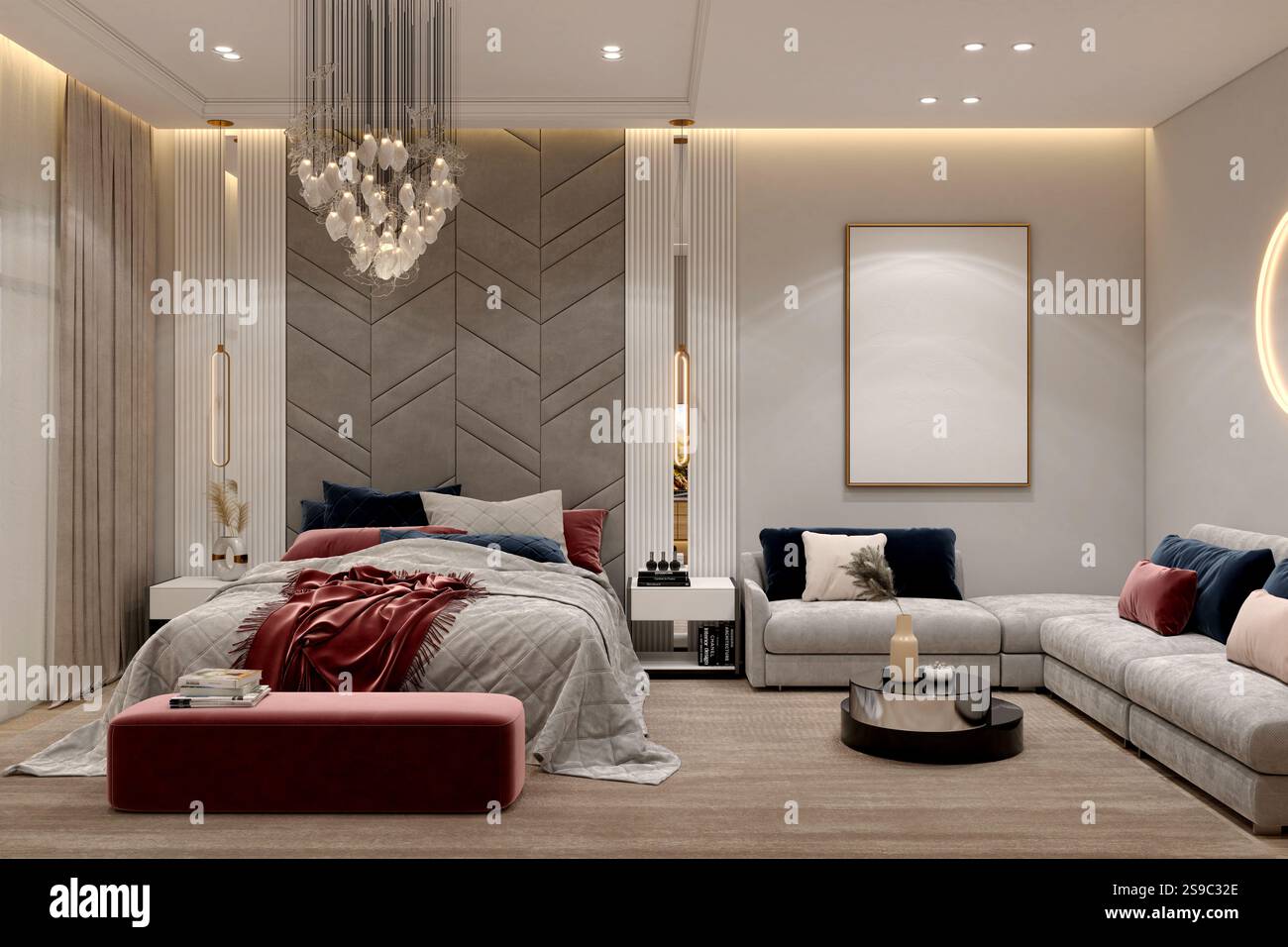 3D-Render von modernen Schlafzimmer Stockfoto