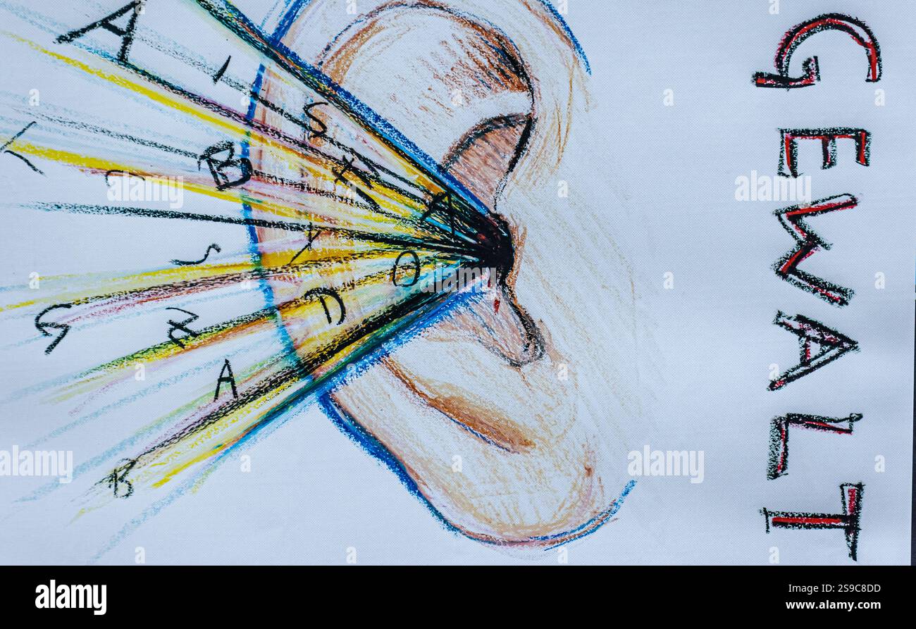München, 5. April 2023: Schülerinnen und Schüler verschiedener Oberschulen in München haben Zeichnungen erstellt, um zu zeigen, wie sie sich die Gesellschaft der Zukunft vorstellen. (Ph Stockfoto