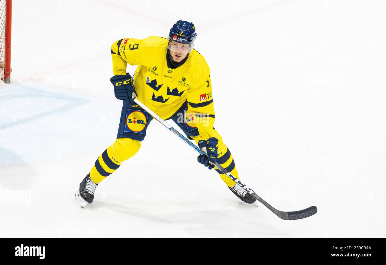 Fribourg, Schweiz, 14. Dezember 2024: #9 Gabriel Carlsson, Verteidiger der schwedischen Nationalmannschaft. (Foto: Andreas Haas/dieBildmanufaktur) Stockfoto Fribourg, Schweiz, 14. Dezember 2024: #9 Gabriel Carlsson, Verteidiger der schwedischen Nationalmannschaft. (Foto: Andreas Haas/dieBildmanufaktur) Stockfoto