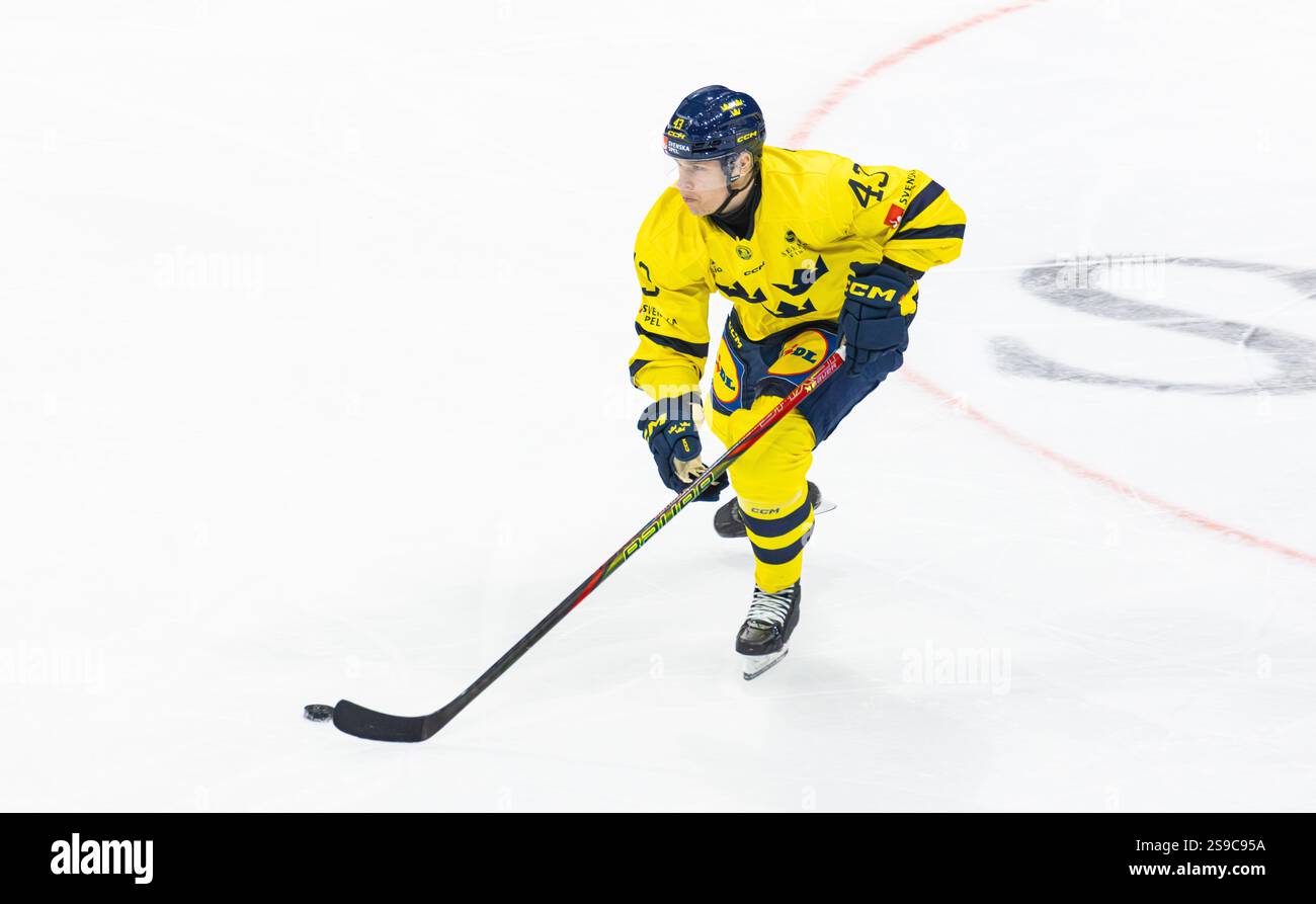 Fribourg, Schweiz, 14. Dezember 2024: #43 Tom Nilsson, schwedischer Verteidiger mit dem Puck. (Foto: Andreas Haas/dieBildmanufaktur) Stockfoto Fribourg, Schweiz, 14. Dezember 2024: #43 Tom Nilsson, schwedischer Verteidiger mit dem Puck. (Foto: Andreas Haas/dieBildmanufaktur) Stockfoto
