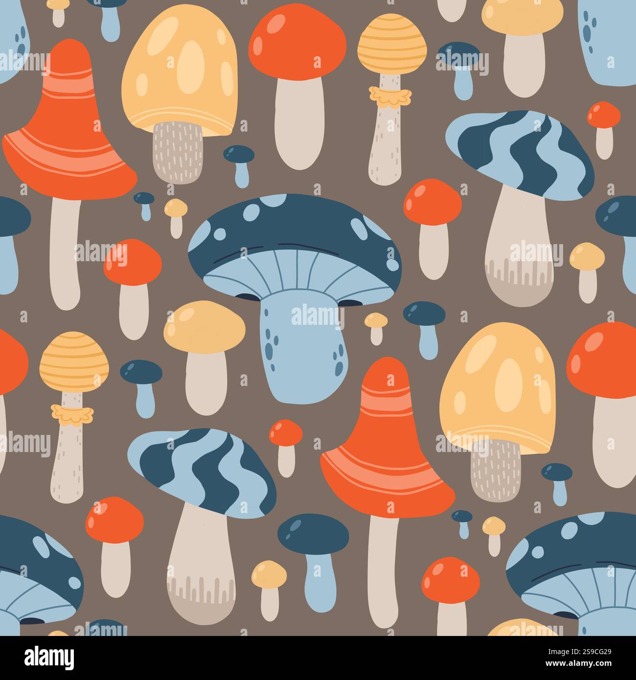 Farbenfrohe Pilzmuster mit skurrilen Pilzen, Toadstools und Waldelementen. Perfekt für Waldmotive, saisonale Designs oder botanische Themen Stock Vektor