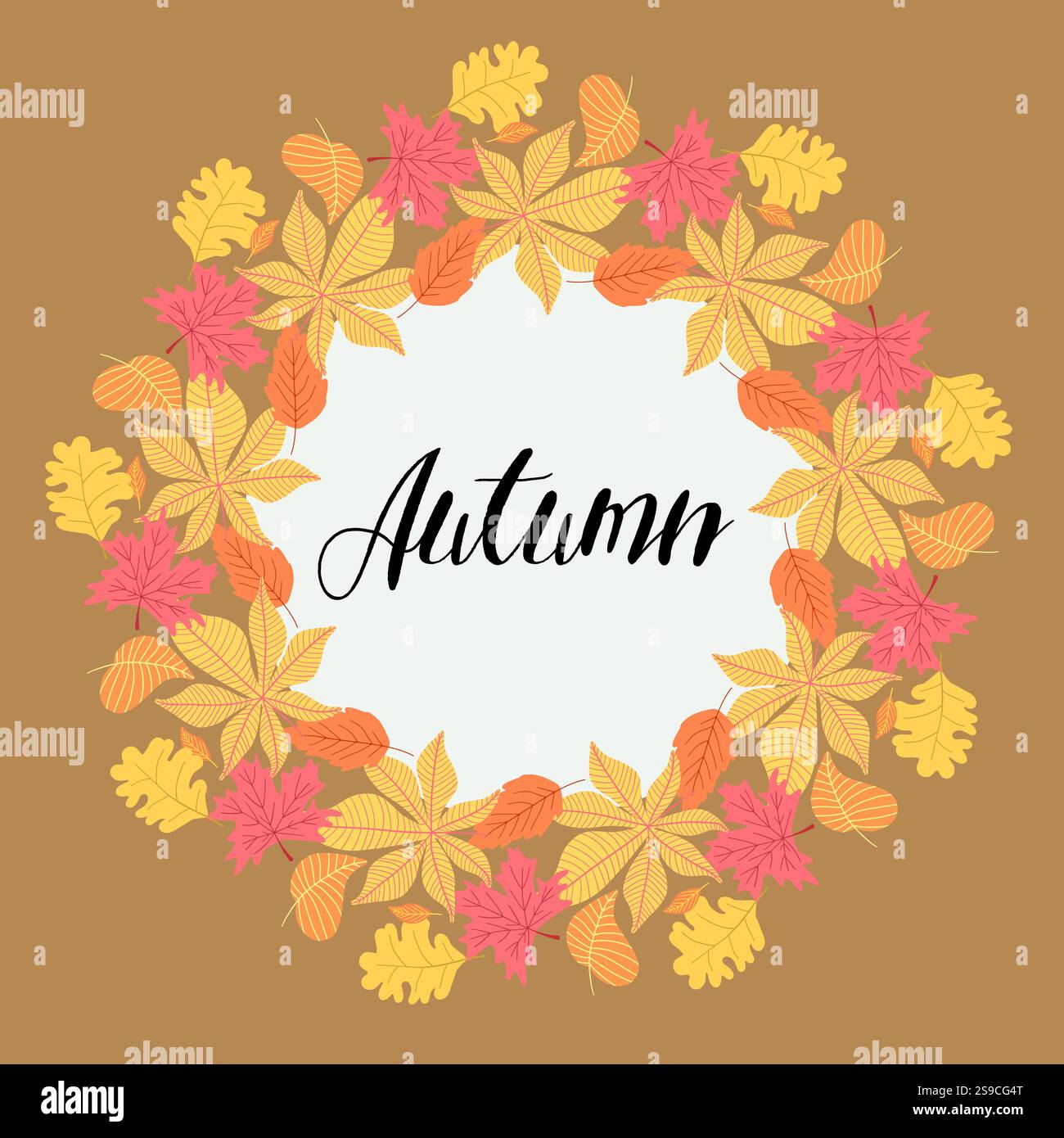 Heller Herbstkranz aus orangefarbenen und gelben Blättern, der Herbstlaub feiert. Ideal für Thanksgiving, saisonale Einladungen oder naturinspirierte Einrichtung Stock Vektor