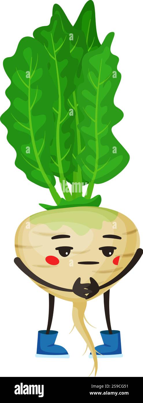 Cartoon-Rüben mit leuchtend grünen Blättern und verspielten blauen Stiefeln, die ihre Wurzel mit winzigen Händen halten, rot und schüchtern nach unten schauen und eine niedliche und lustige Persönlichkeit ausstrahlen Stock Vektor