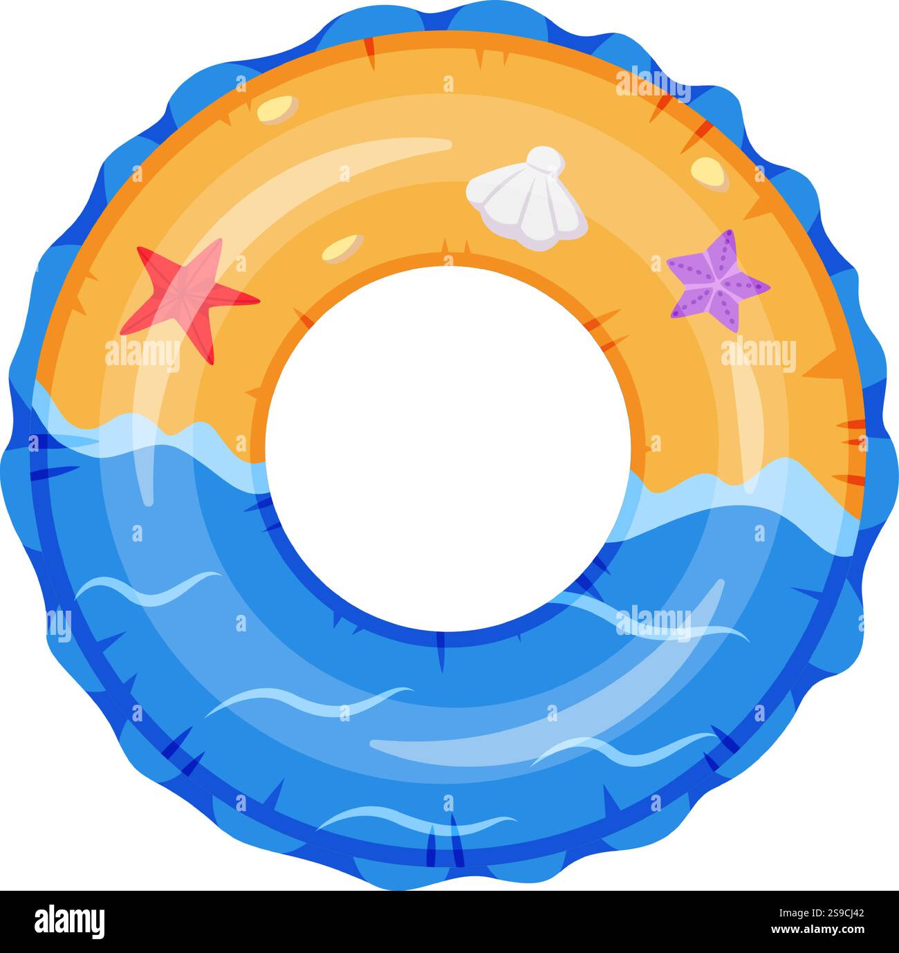 Farbenfroher aufblasbarer Ring schwimmt auf der Wasseroberfläche, dekoriert mit Seesternen und Muscheln, perfekt für Sommerurlaub und Swimmingpool Spaß Stock Vektor
