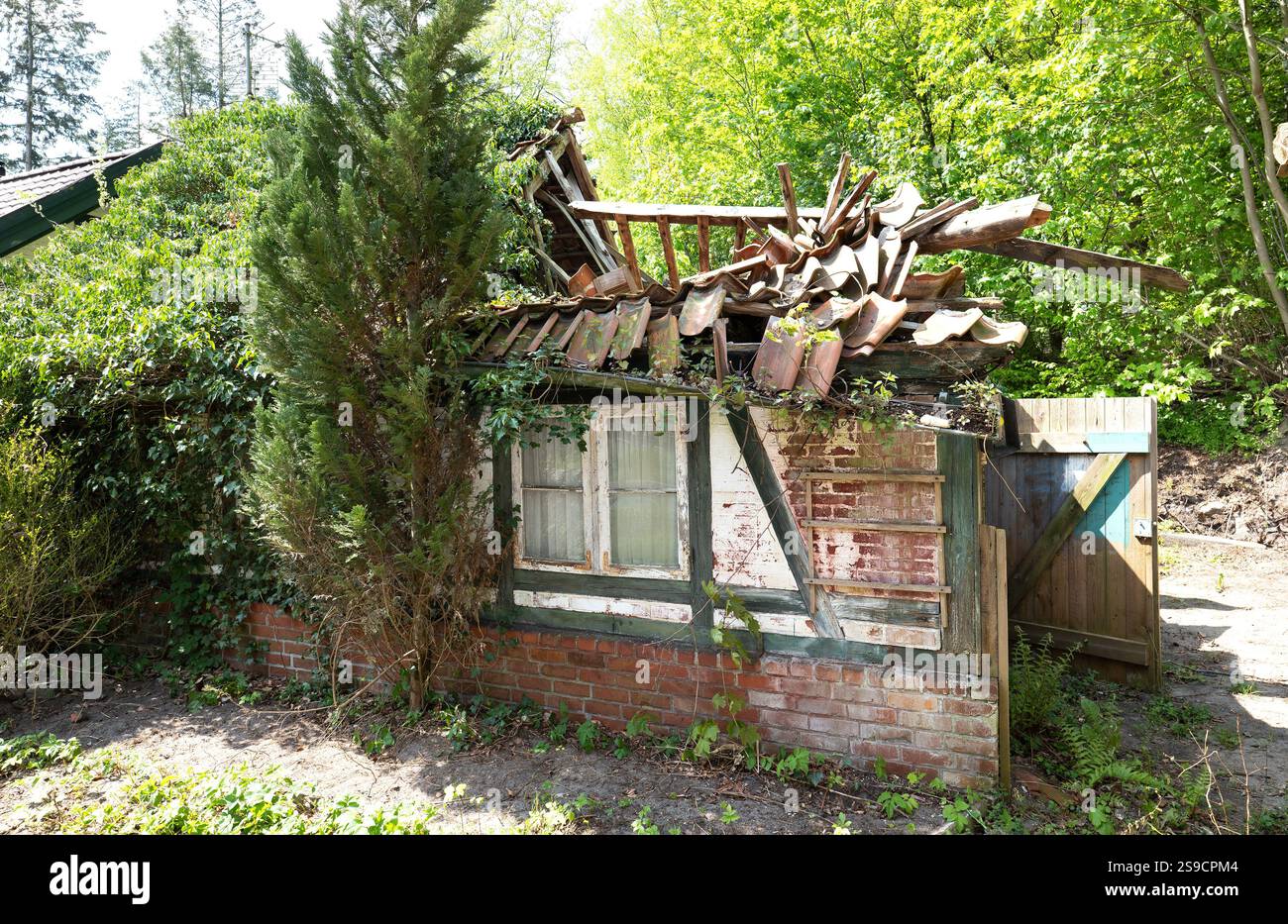 Eingestürztes Dach eines verlassenen kleinen, alten Hauses Stockfoto