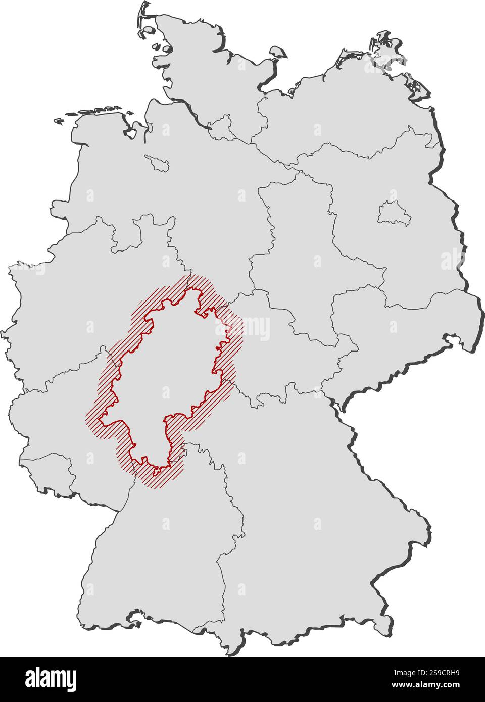 Karte von Deutschland mit den Provinzen, Hessen wird durch eine Schraffur hervorgehoben. Stock Vektor