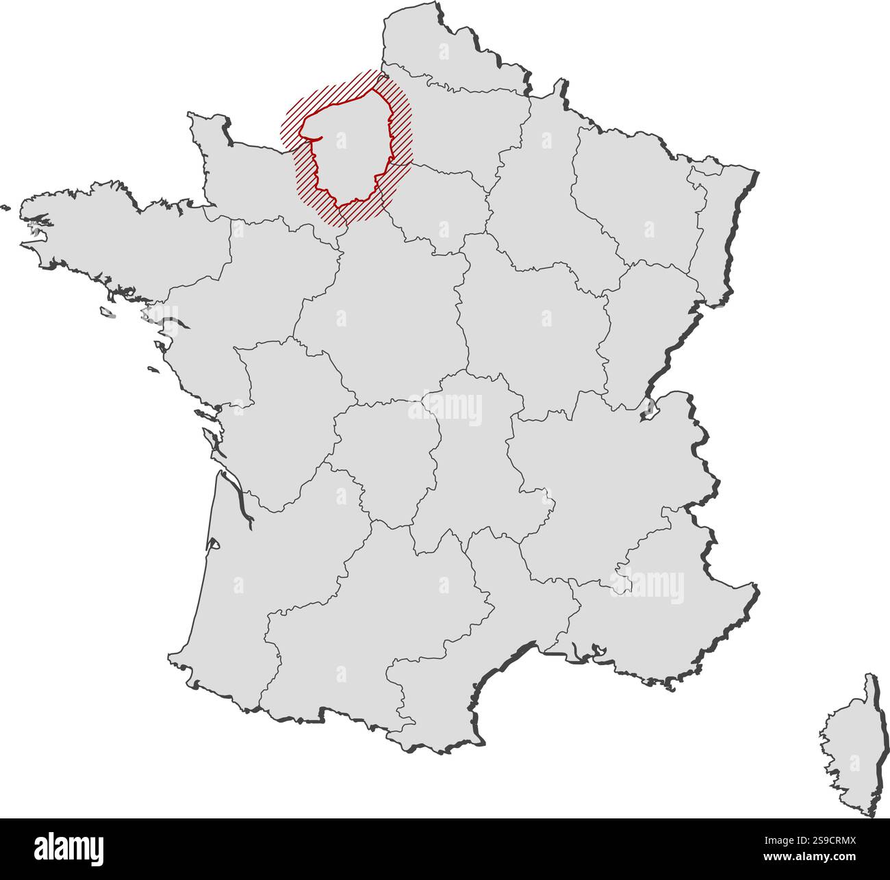 Karte von Frankreich mit den Provinzen, Obernormandie wird durch eine Schraffur hervorgehoben. Stock Vektor
