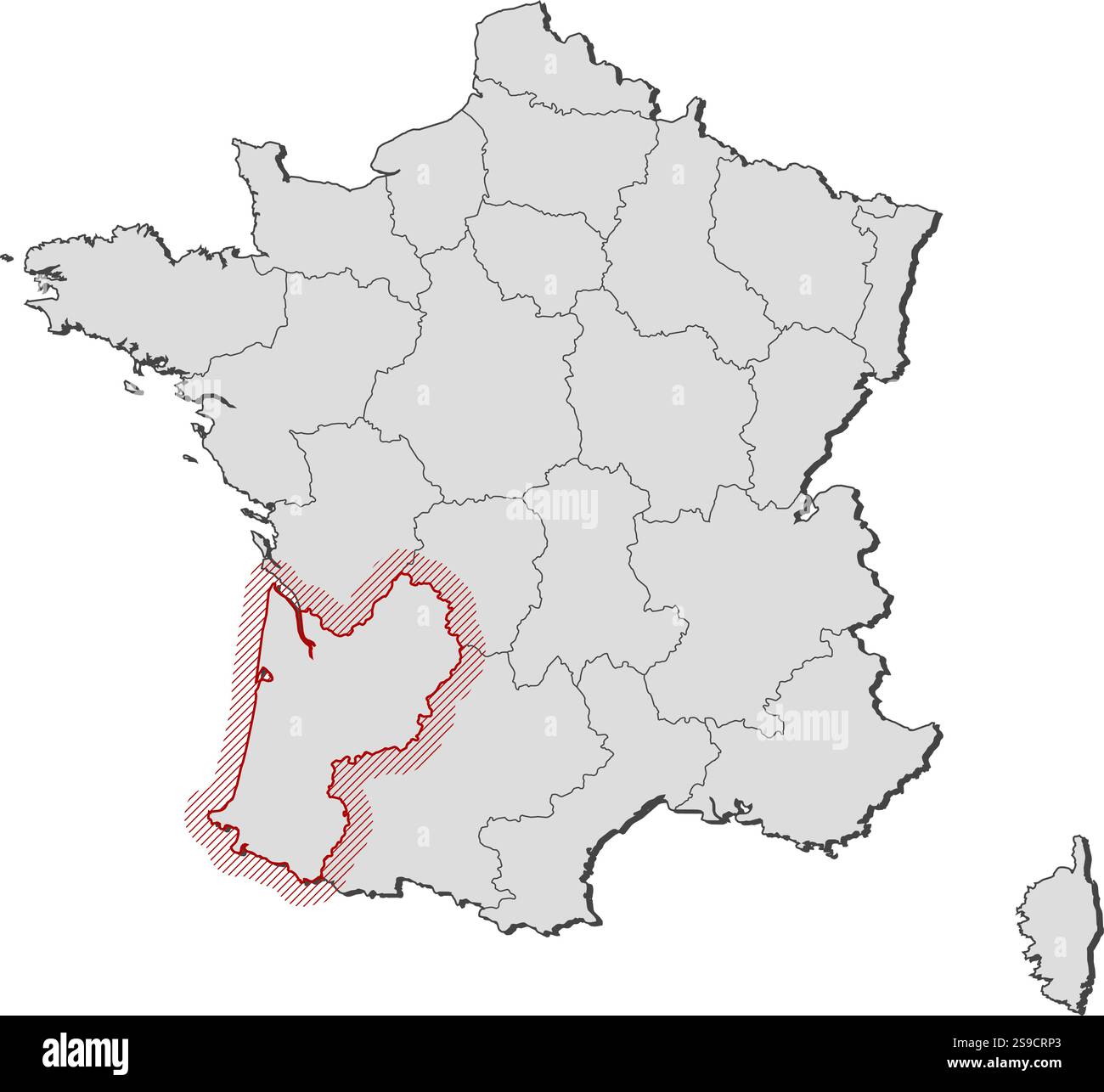 Karte von Frankreich mit den Provinzen, Aquitanien wird durch ein Schlupf hervorgehoben. Stock Vektor