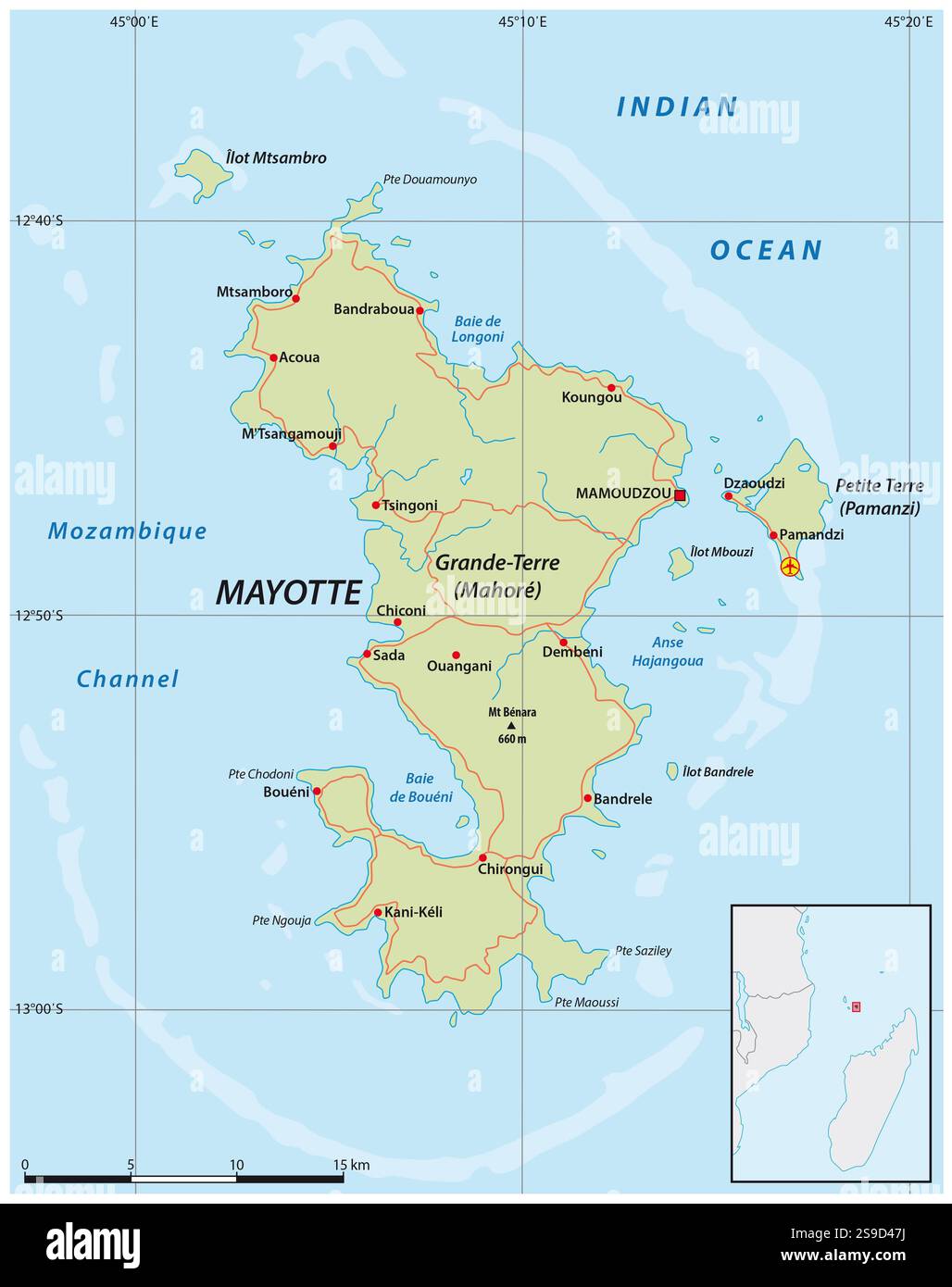 Karte des französischen Überseedepartements und der Region Mayotte Stockfoto