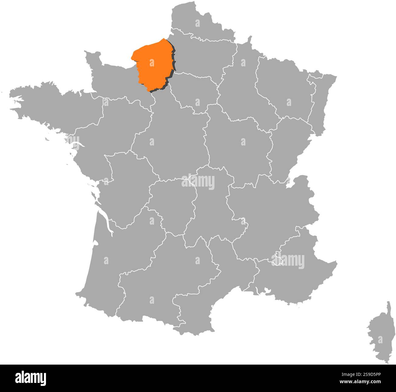 Karte von Frankreich mit den Provinzen, Obernormandie ist orange hervorgehoben. Stock Vektor