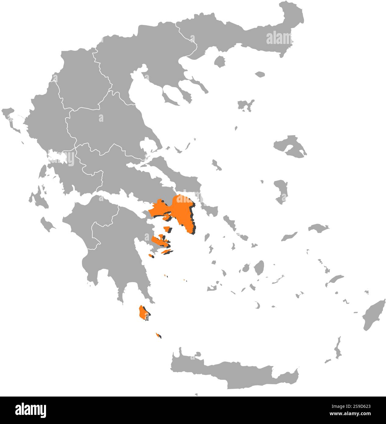 Karte von Griechenland mit den Provinzen, Attika ist orange hervorgehoben. Stock Vektor