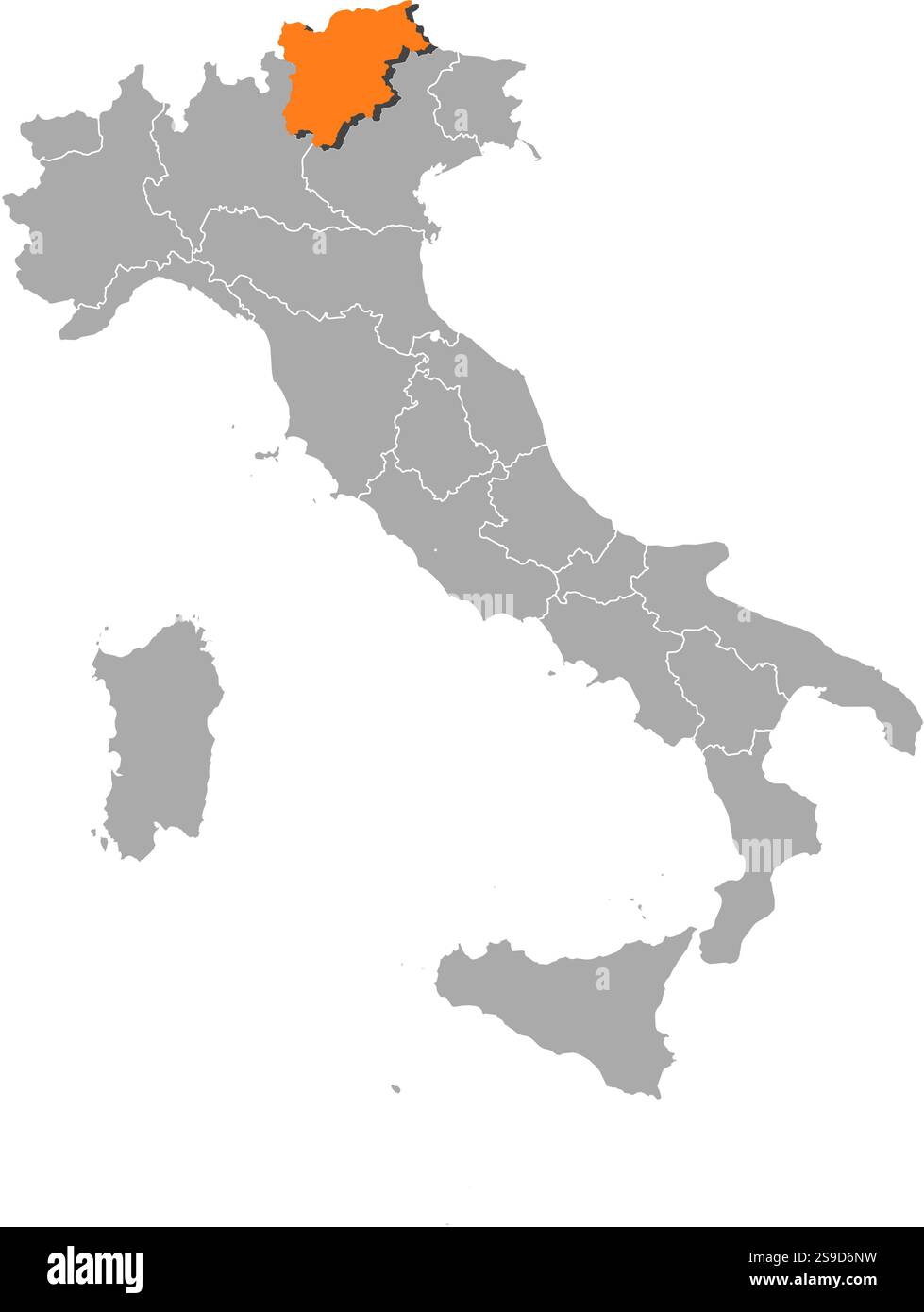 Karte von Italien mit den Provinzen, Trentino-Südtirol/Südtirol ist orange hervorgehoben. Stock Vektor