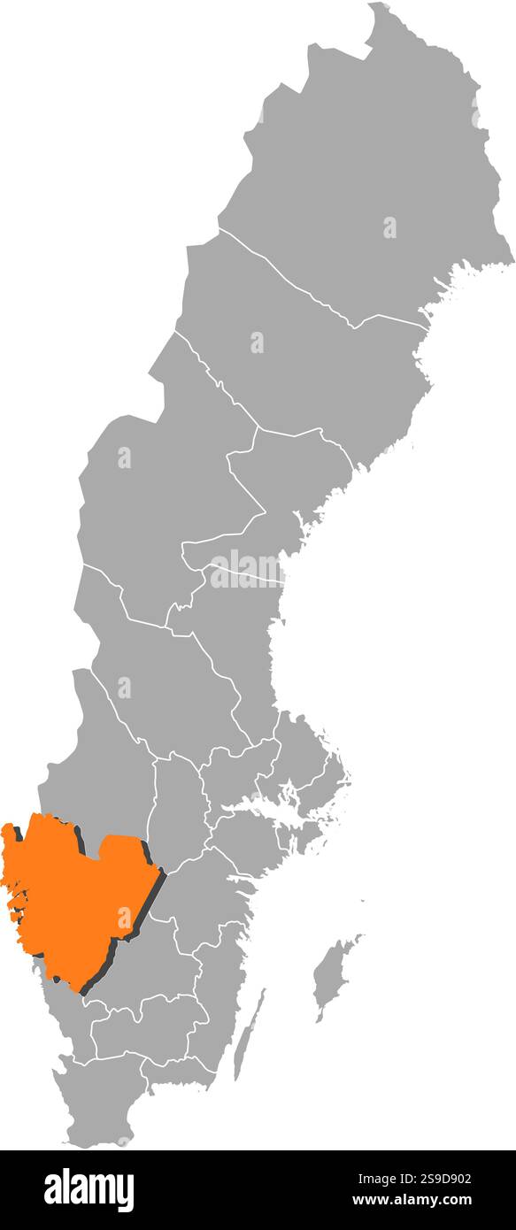 Karte von Schweden mit den Provinzen, Västra Götaland County ist orange hervorgehoben. Stock Vektor