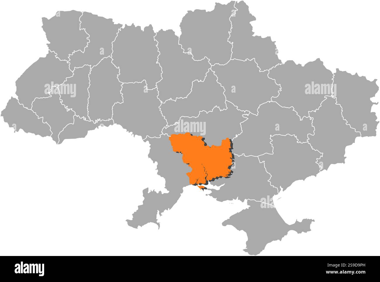 Karte der Ukraine mit den Provinzen, Mykolajew ist orange hervorgehoben. Stock Vektor