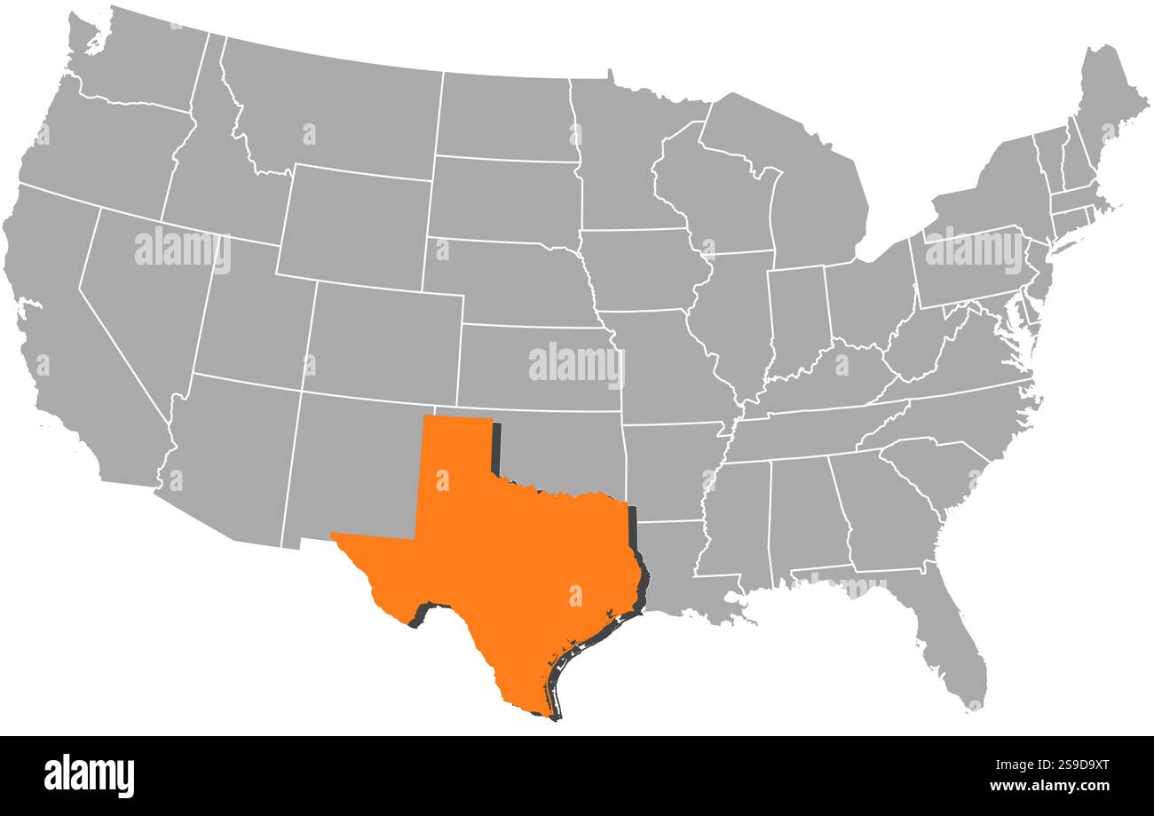 Karte der Vereinigten Staaten mit den Provinzen, Texas, ist orange markiert. Stock Vektor