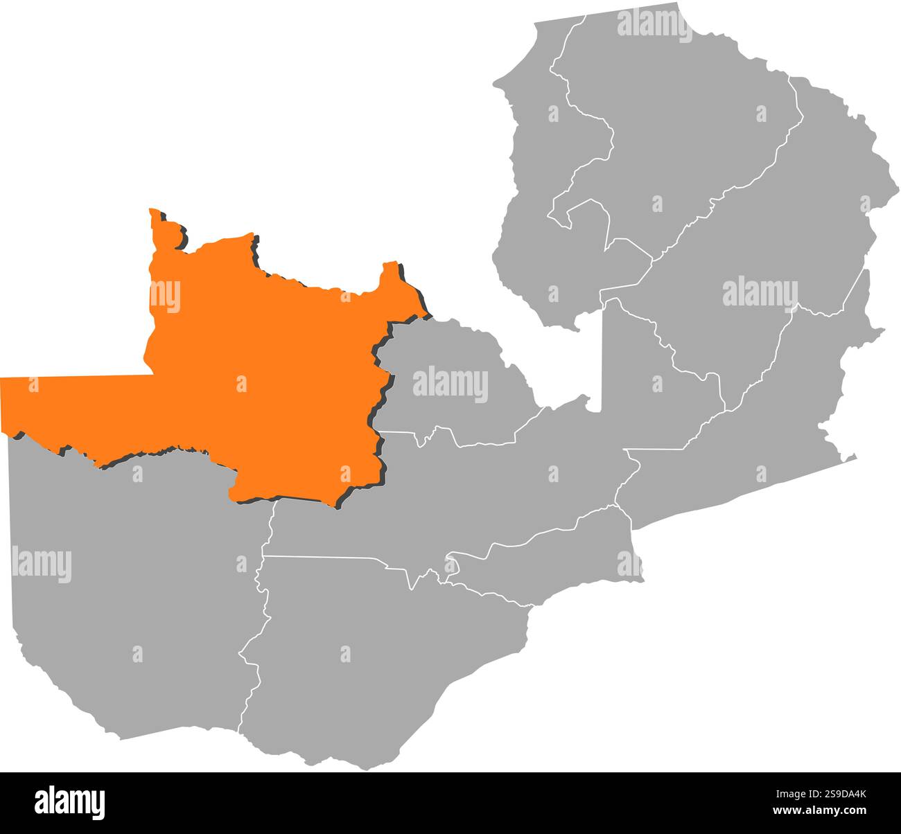 Karte von Sambia mit den Provinzen, Nordwesten wird durch Orange hervorgehoben. Stock Vektor