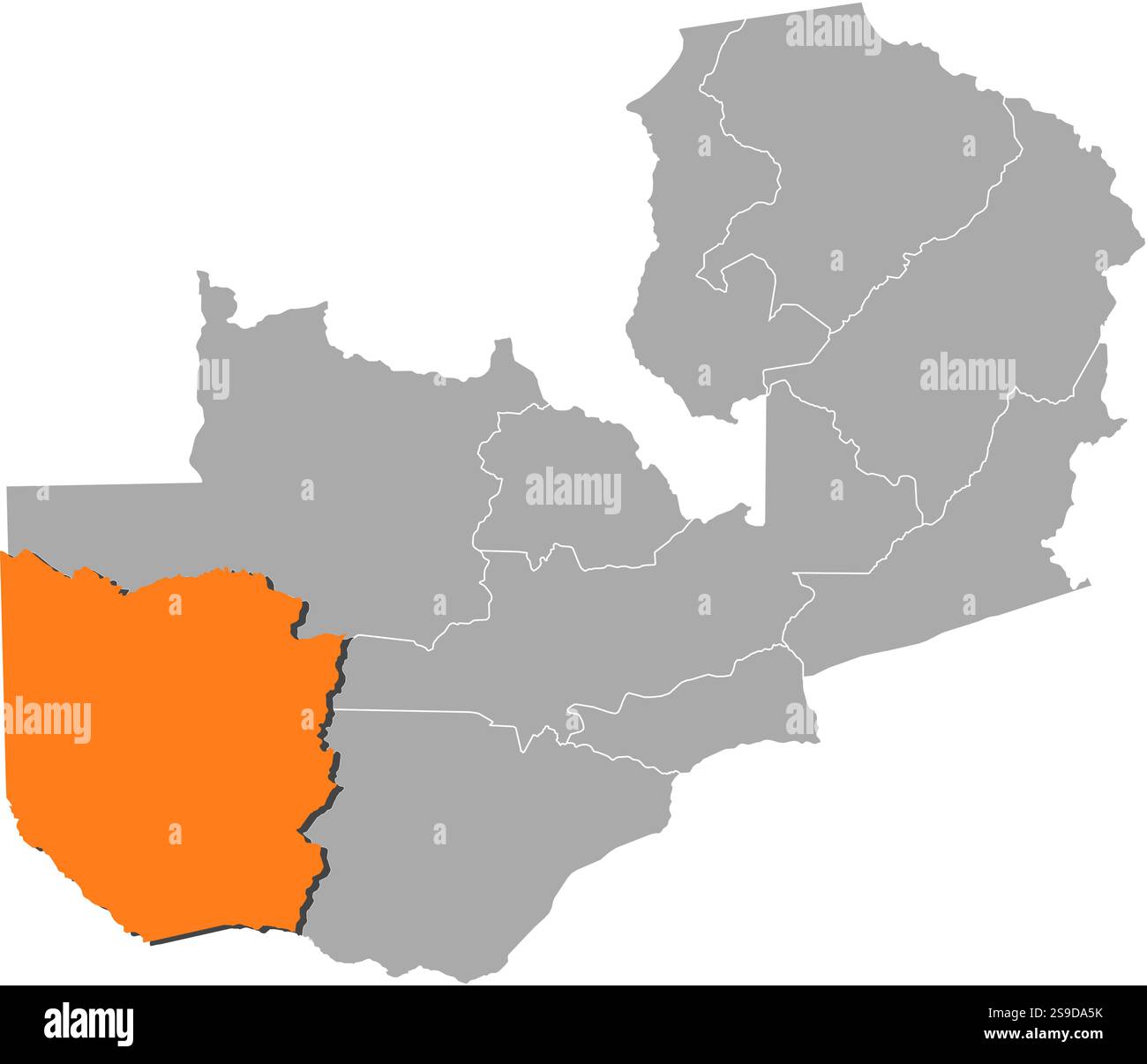 Karte von Sambia mit den Provinzen, Western ist orange hervorgehoben. Stock Vektor