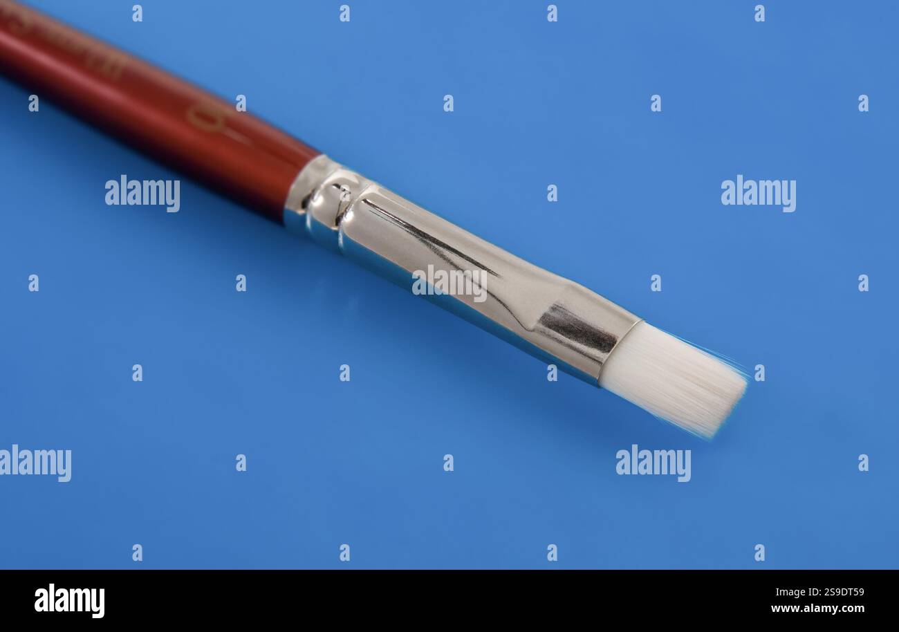Nahaufnahme eines Make-up-Pinsels mit rotem Griff und weißen Borsten auf blauem Hintergrund, der seine hochwertige Handwerkskunst und sein elegantes Design zeigt Stockfoto