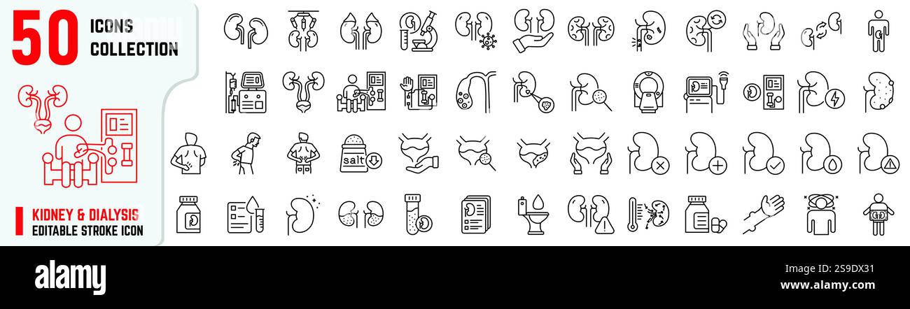 Niere und Dialyse bearbeitbare Schlaganfallsymbole, Nierensymbole umfassen Stein, Gallenblasensteine, Dialysegerät Stock Vektor