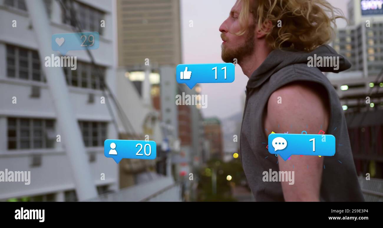 Bild von Benachrichtigungen über soziale Medien über Menschen, die in urbaner Umgebung laufen Stockfoto