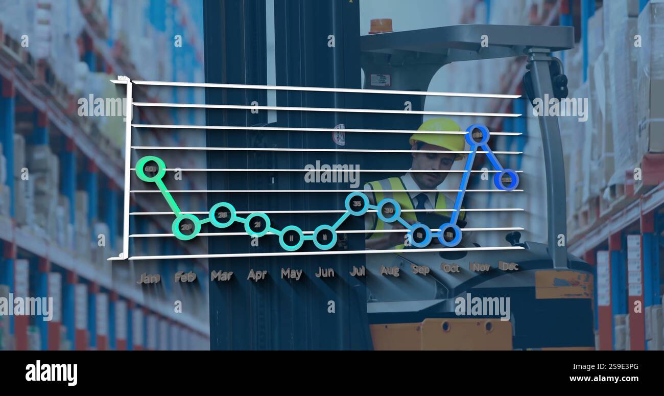 Lagerarbeiter, der Gabelstapler bedient, mit überlagertem Bild der monatlichen Verkaufsdaten Stockfoto