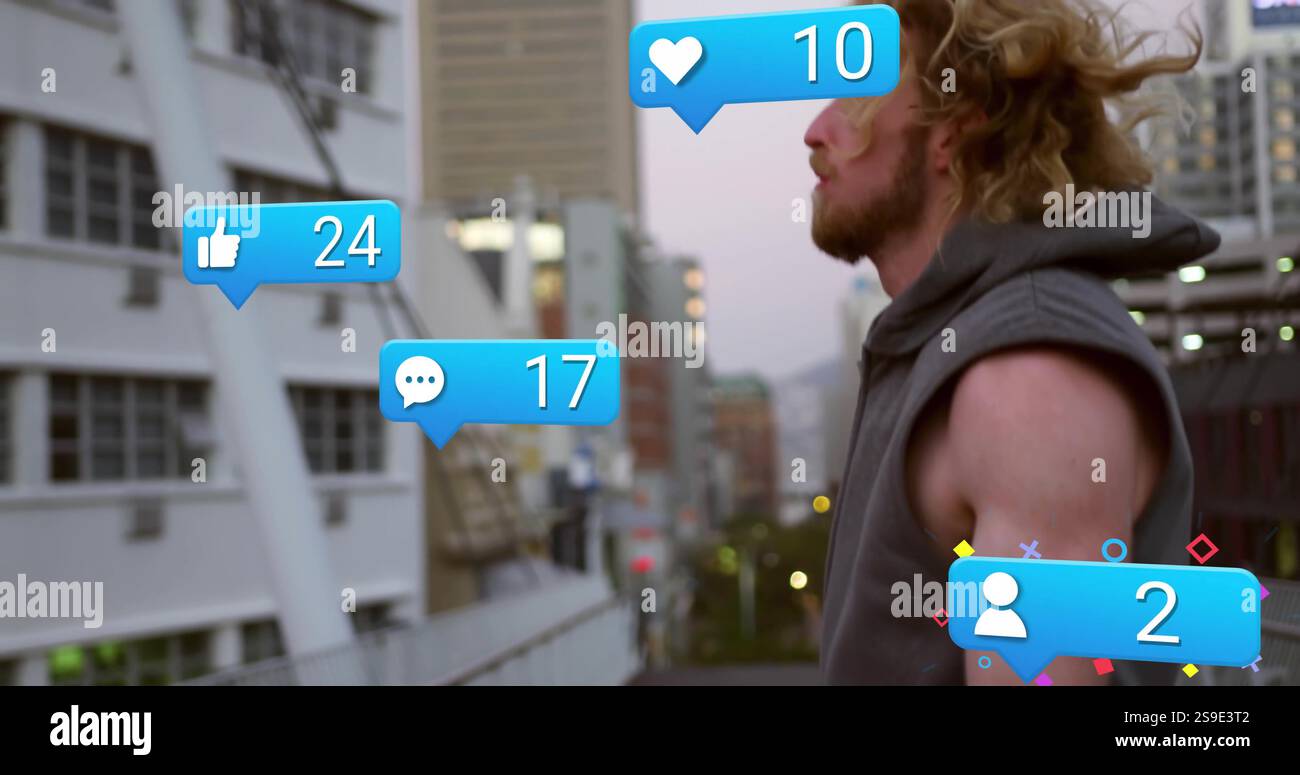 Bild von Benachrichtigungen über soziale Medien über Menschen, die in urbaner Umgebung laufen Stockfoto