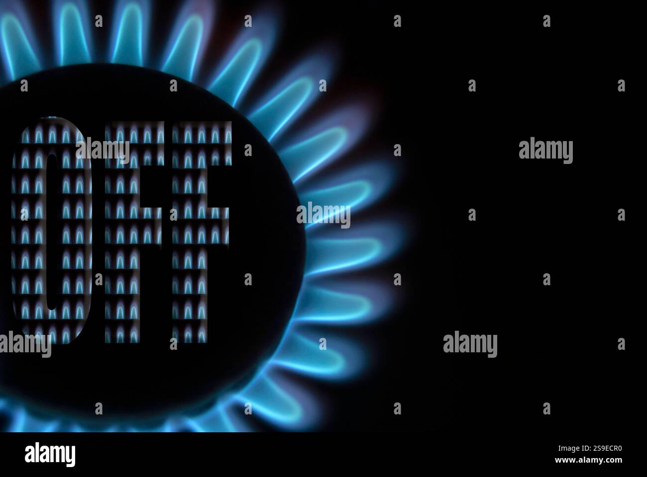 Gasflamme von einem Kochfeld mit dem Wort „aus“ und einer Überlagerung kleinerer Flammen. In einer Zeit steigender Energiepreise kann die kleine Maßnahme, einen Gaskessel auszuschalten, wenn er nicht verwendet wird, einen wichtigen Unterschied bei der Senkung der Haushaltsrechnungen machen. Es ist wichtig zu beachten, dass einige Kessel so programmiert sind, dass sie heißes Wasser liefern, auch wenn sie ausgeschaltet sind. Diese einfache Erkenntnis und eine Änderung der Einstellungen führen zu einer Reduzierung des durchschnittlichen täglichen Gasverbrauchs für den Fotografen auf 10 %. Keine 10%ige Ermäßigung, sondern ein Zehntel der Nutzung. Stockfoto