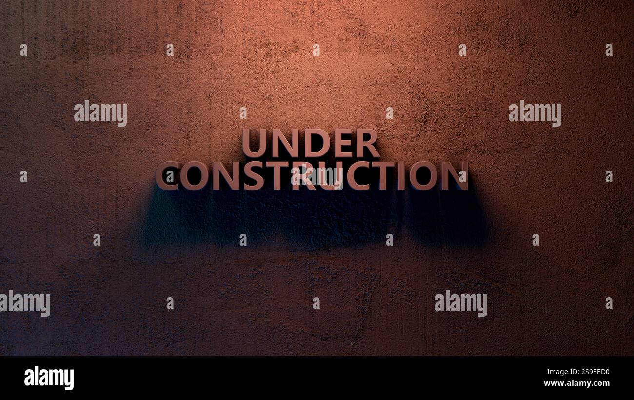 Unterbauschild 3D-Abbildung. Betonbuchstaben an der Wand. Dramatisches Licht Stockfoto