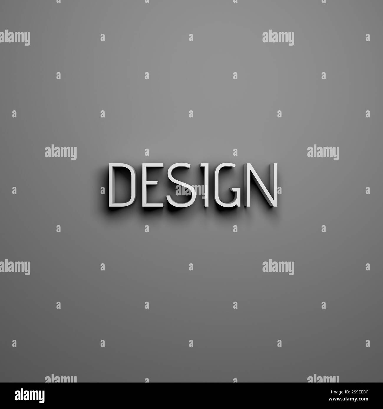 Eine einfache Aufschrift „Design“ an der Wand. Dramatische Beleuchtung. 3D-Abbildung. Stockfoto