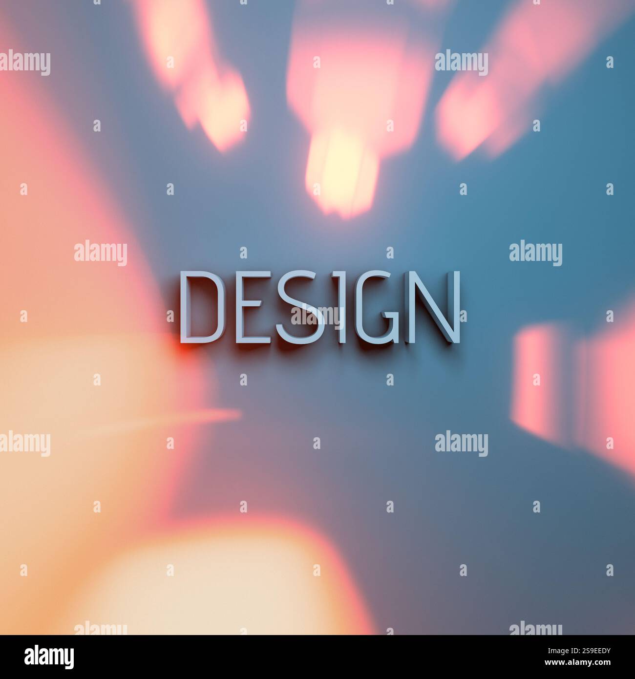 Eine einfache Aufschrift „Design“ an der Wand. Dramatische Beleuchtung. Spezielle Lichteffekte. 3D-Abbildung. Stockfoto