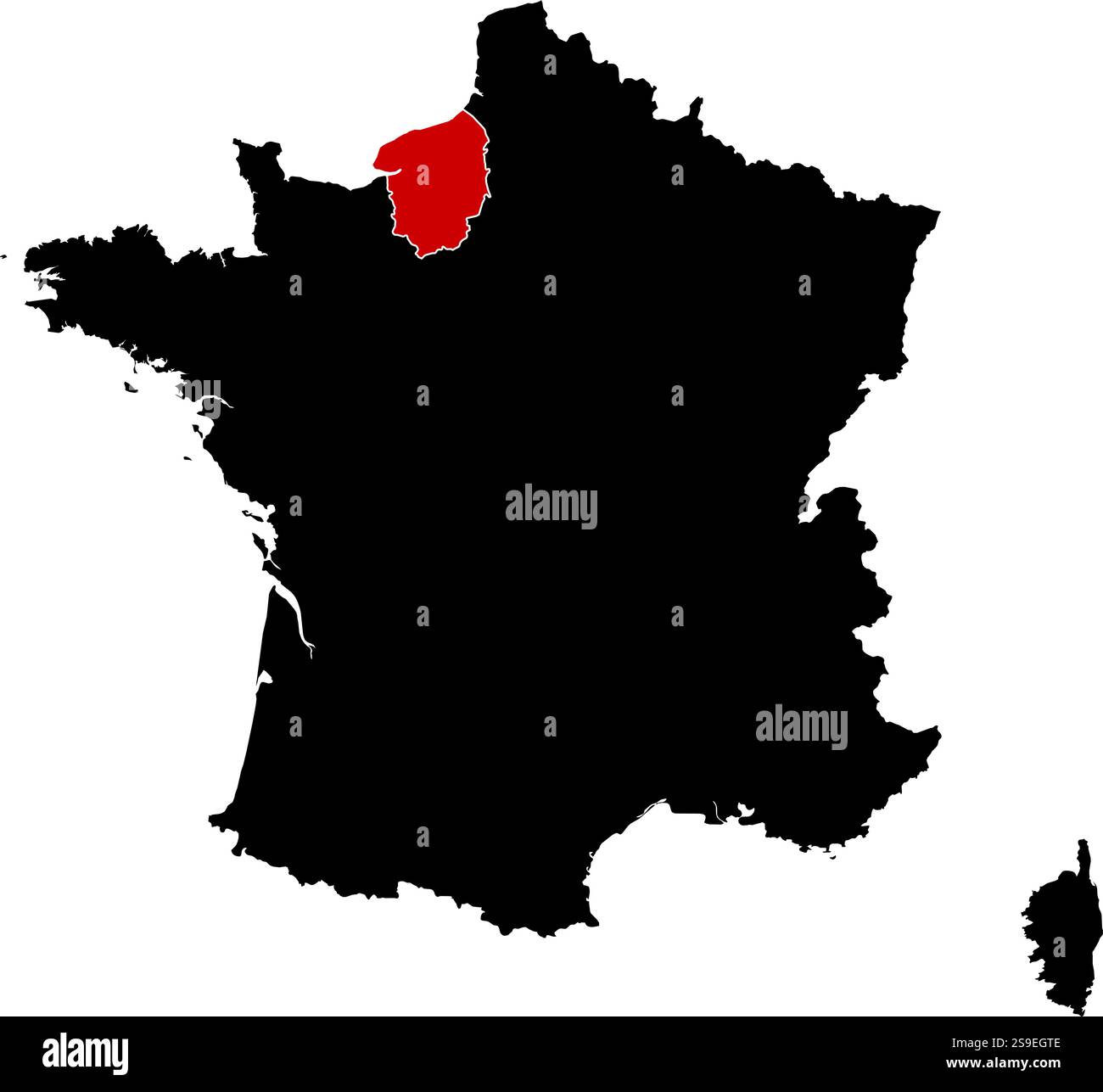 Karte von Frankreich in schwarz, Obernormandie in rot hervorgehoben. Stock Vektor