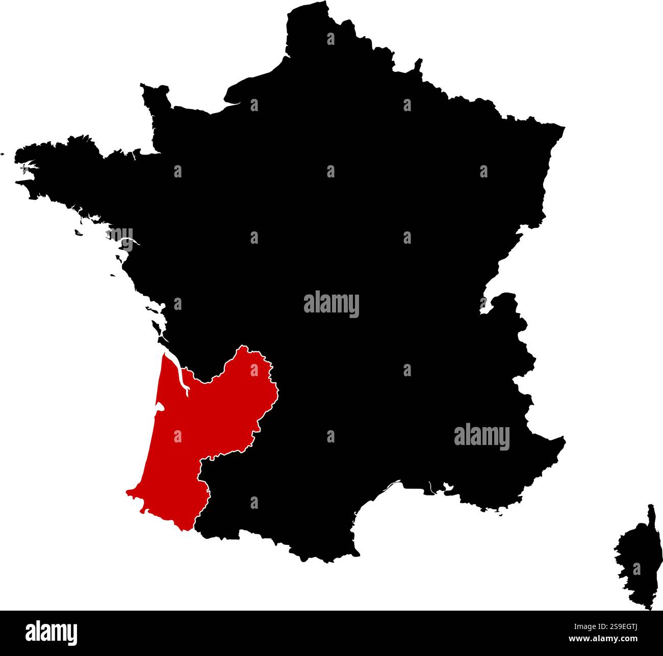 Karte von Frankreich in Schwarz, Aquitanien ist rot hervorgehoben. Stock Vektor