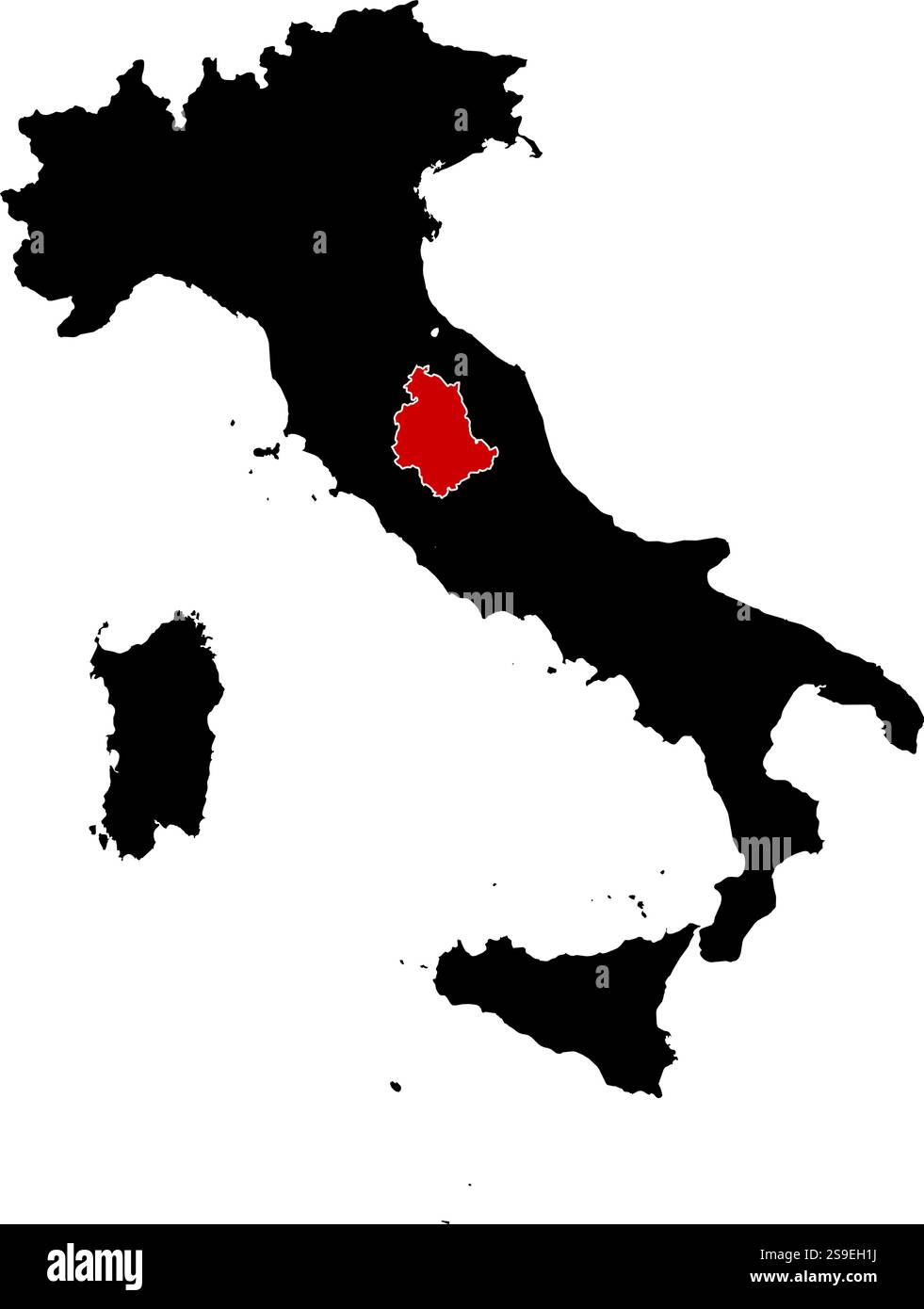Karte von Italien in Schwarz, Umbrien ist rot hervorgehoben. Stock Vektor
