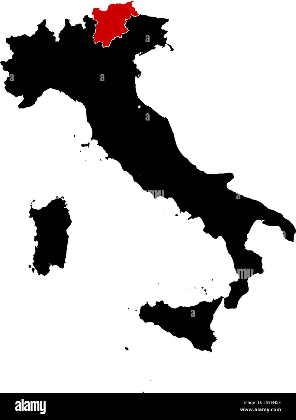 Karte von Italien in schwarz, Trentino-Südtirol in rot hervorgehoben. Stock Vektor