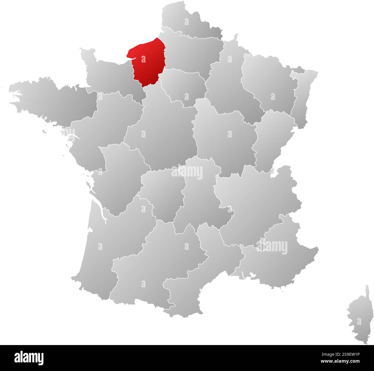 Karte von Frankreich mit den Provinzen, gefüllt mit einem linearen Gradienten, ist die Obernormandie hervorgehoben. Stock Vektor